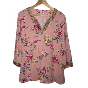Belle by Kim Gravel Top Women Medium Pink Yellow Floral Embroidered Peasant Boho